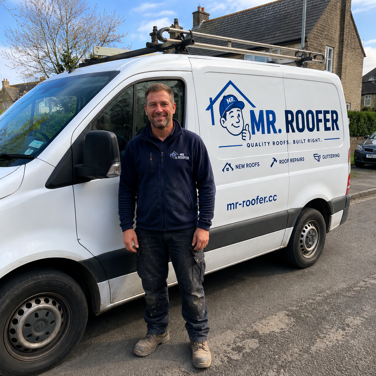 George Honeyman, owner of Mr Roofing, beside the company van